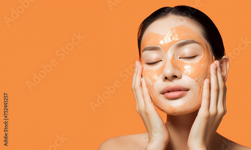 portrait of a woman in an orange cream skincare mask
