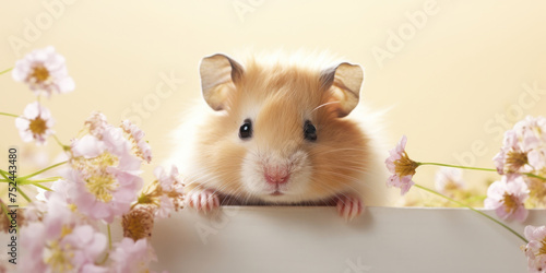 A golden hamster peeks out behind a white banner decorated with bright wildflowers.