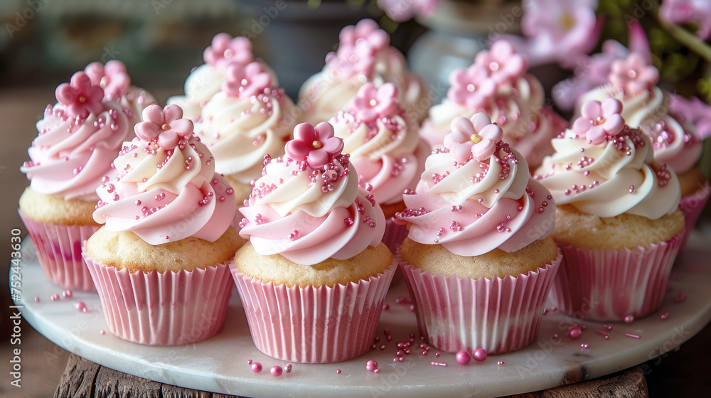 Delicious cupcakes, homemade dessert, aesthetic food serving with pink decorations.