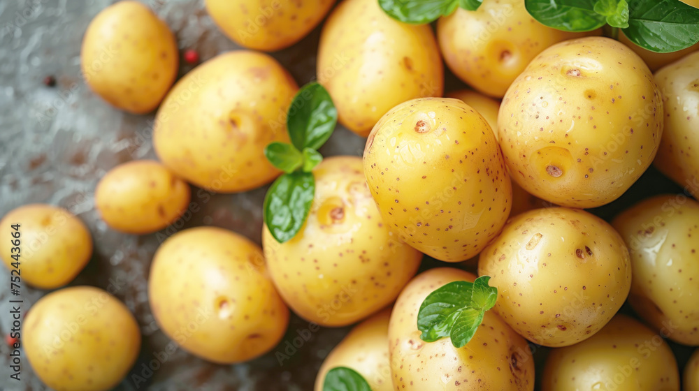 Fresh young potatoes on a dark background, close-up. Fresh young potatoes on a dark background, close-up.