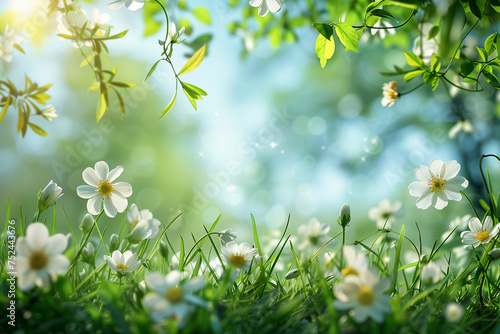 Spring medow with white flowers on sunshine background. photo