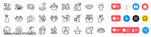 Cleaning liquids, Vacuum cleaner and Washing hands line icons pack. Social media icons. Clean dishes, Clean hands, Hold t-shirt web icon. Cleaning service, Dont touch, Sponge pictogram. Vector