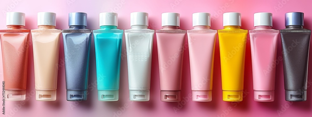 Row of Different Colored Bottles on Pink Background Row of Different Colored Bottles on Pink Background