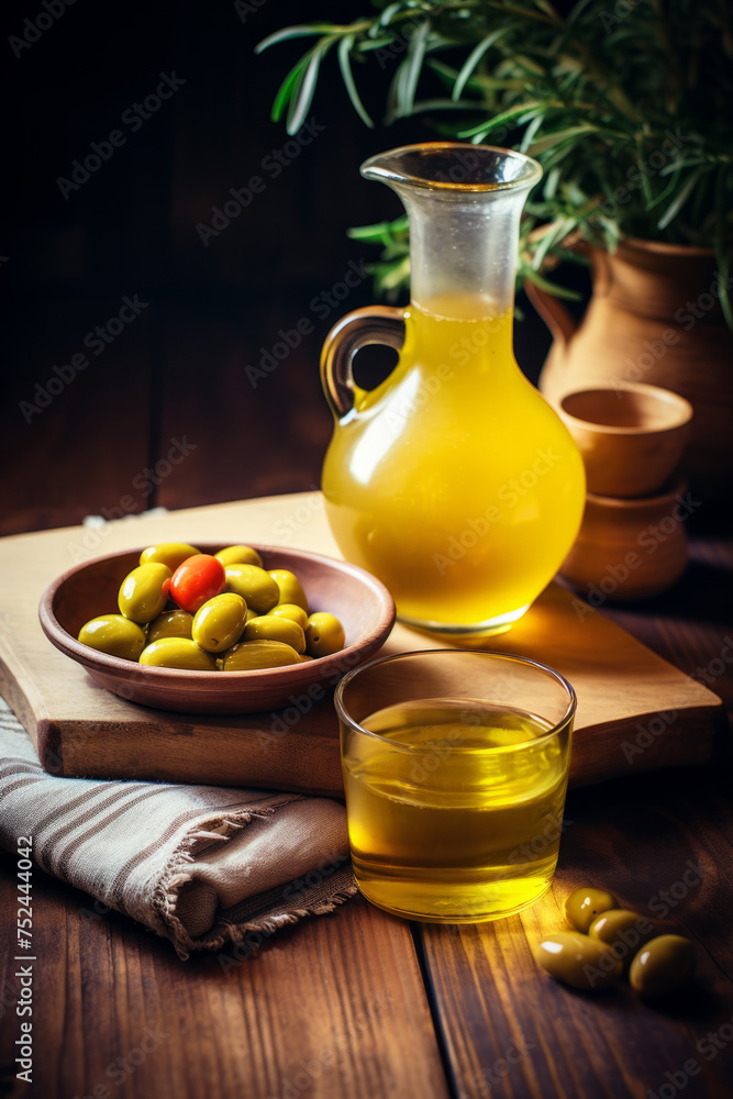 A carafe of olive oil and a bowl of green olives on a rustic kitchen table. A carafe of olive oil and a bowl of green olives on a rustic kitchen table.