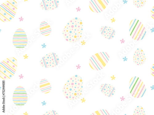 Happy Easter Seamless Pattern. Colorful Easter Eggs and flowers. Spring holiday flat design background. Egg hunt children's illustration for wallpaper, banner, textile, cover