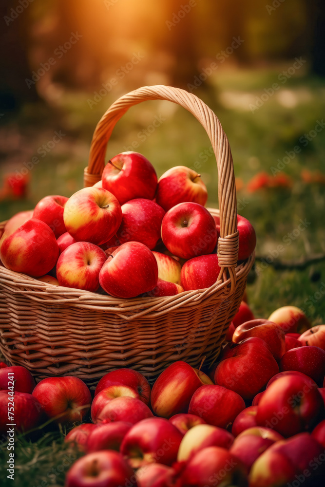 A basket full of vibrant red apples sitting in a sun-drenched field. A basket full of vibrant red apples sitting in a sun-drenched field.