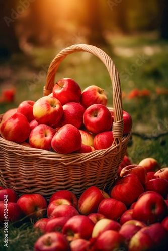 A basket full of vibrant red apples sitting in a sun-drenched field.