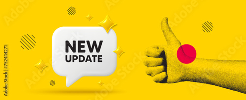 Hand showing thumb up like sign. New update icon. Special offer sign. Important information available symbol. New update chat box 3d message. Grain dots hand. Like thumb up sign. Vector