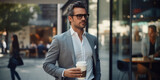 A stylish male office worker in a business suit walks down the street with a cup of coffee.