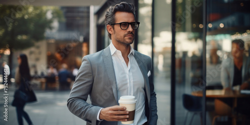 A stylish male office worker in a business suit walks down the street with a cup of coffee.