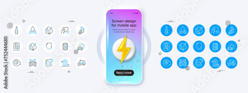 Vitamin d, Radiator and Beer line icons. Phone mockup with 3d energy icon. Pack of Car review, Car, Coffee vending icon. Dollar exchange, Graph chart, Open door pictogram. Vector