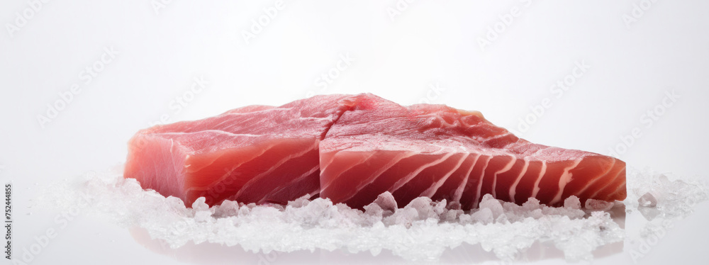 Large tuna steak on crushed ice with a white background.
