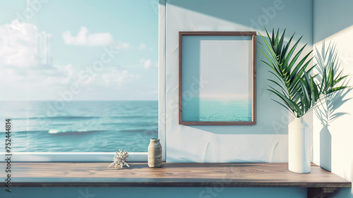 A dynamic 3D wall frame mockup with floating shelves against a coastal seascape backdrop, providing a serene space for showcasing coastal artwork or beach-inspired prints.