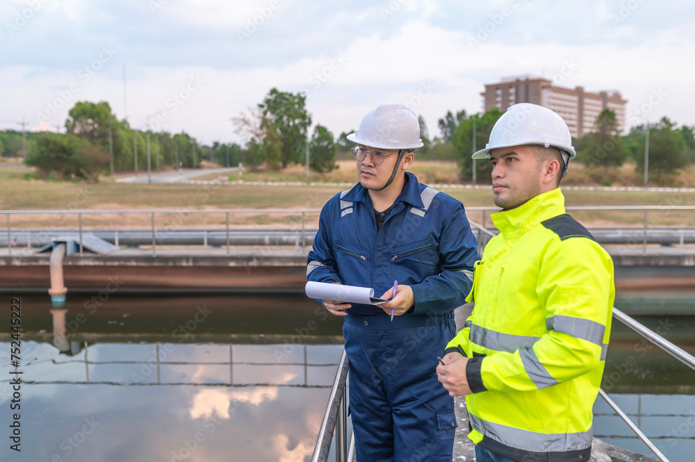 Environmental engineers work at wastewater treatment plants,Water supply engineering working at Water recycling plant for reuse,Technicians and engineers discuss work together. Environmental engineers work at wastewater treatment plants,Water supply engineering working at Water recycling plant for reuse,Technicians and engineers discuss work together.