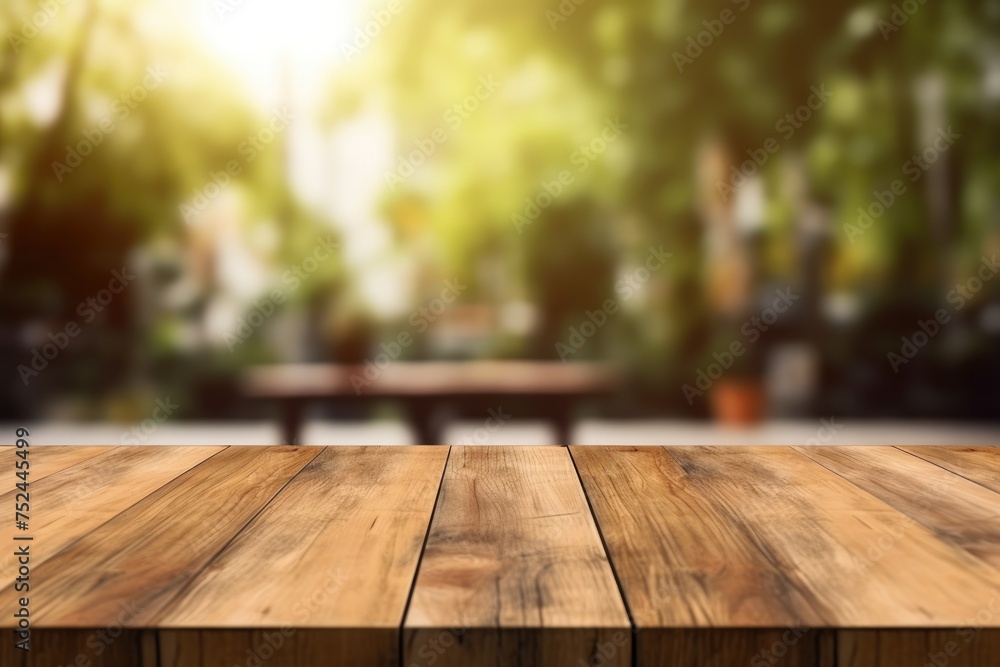 The empty wooden table top with blur background. Exuberant image. generative ai