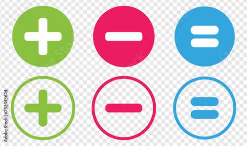 Plus, minus, equal sign icon set. Math