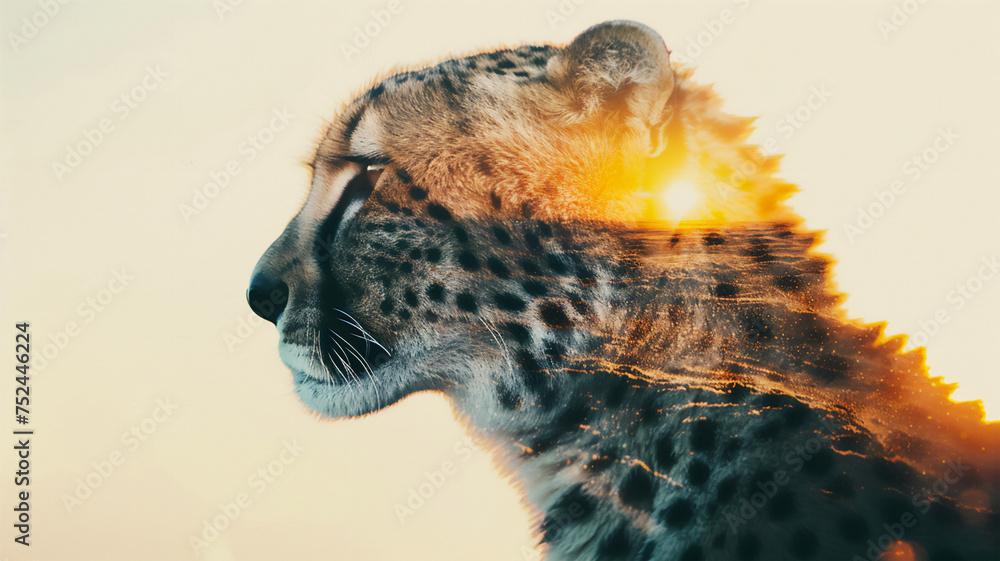 Cheetah on savannah background with double exposure. minimalistic style, white background. Generative AI Cheetah on savannah background with double exposure. minimalistic style, white background. Generative AI