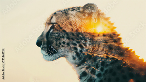 Cheetah on savannah background with double exposure. minimalistic style  white background. Generative AI