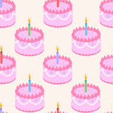 Seamless pattern with pink birthday cakes. Cute holiday vector flat background 