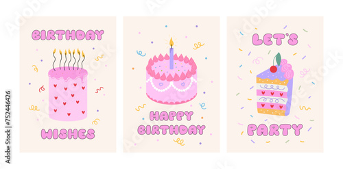 Set of holiday greeting cards with pink birthday cakes, candle and lettering quotes. Let's party, happy birthday and birthday wishes phrases. Vector flat illustration