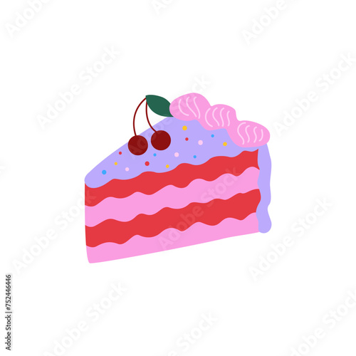 Cute colorful piece of cake with cherry. Vector flat illustration on isolated background. Birthday, valentine's day holiday concept