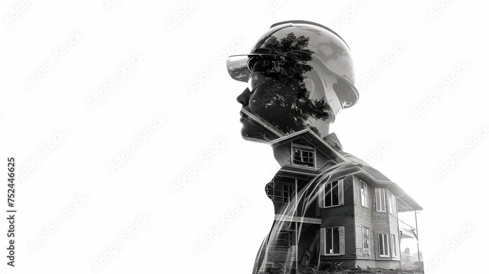 Double exposure of a builder in a working helmet and a house under construction. Generative AI Double exposure of a builder in a working helmet and a house under construction. Generative AI