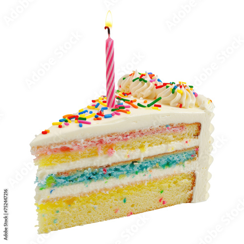 Confetti Birthday Cake Slice with Lit Candle PNG, Transparent Image without background, Concept of celebration and festive desserts