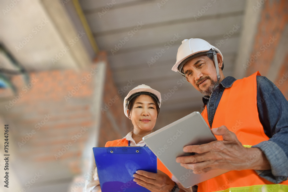 Professional inspecting commercial building construction site with civil engineer presenting using laptop
Professional inspecting commercial building construction site with civil engineer presenting using laptop