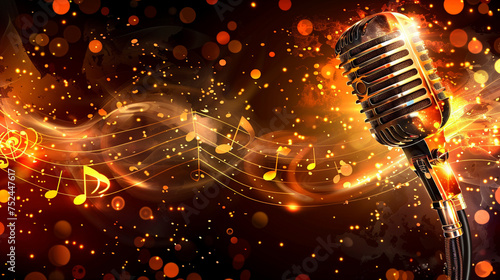 microphone with music notes in blurred background on red and gold wall, vintage microphone on stage with shimmering gold particles and bokeh effect, microphone background template