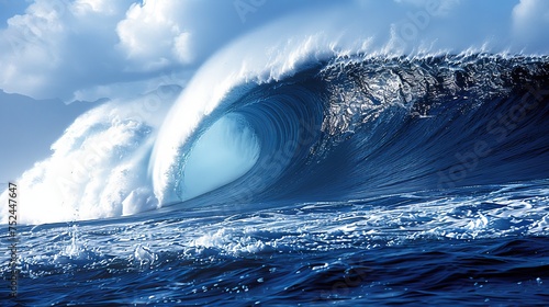 Fototapeta Naklejka Na Ścianę i Meble -  Colossal ocean wave against clear blue sky in side view perspective, majestic and awe inspiring