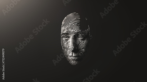 a human face emerging from a finger print pattern, representing identity theft and biometrics used in cyber security, with copy space