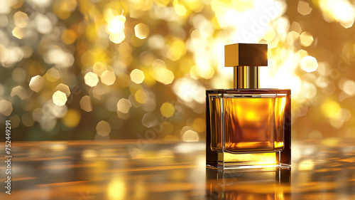 A luxurious 3D mockup of a perfume bottle on a shimmering gold background, featuring an empty space on the label for personalized branding or messaging.