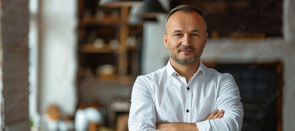 Confident casual businessman standing in white office, arms crossed, copy space, blurred background Confident casual businessman standing in white office, arms crossed, copy space, blurred background