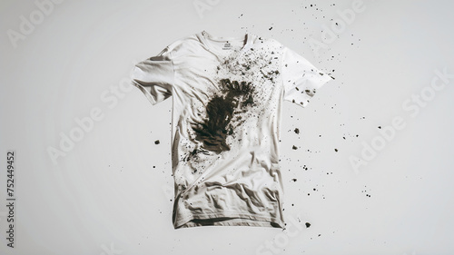 White T-shirt with splattered dirt on white background .