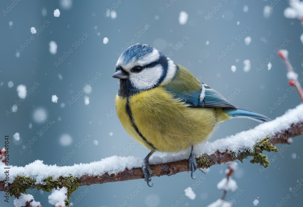 Fototapeta premium A blue and yellow bird tit is perched on a branch covered in snow. Concept of tranquility and peacefulness, as the bird is alone and undisturbed in its natural habitat