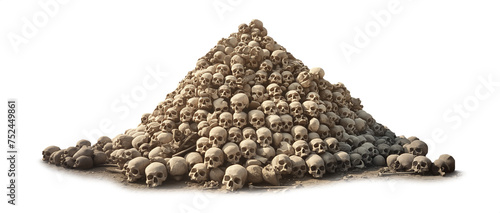 Pile of human skulls. Transparent background PNG. Pen tool cutout. Horror concept. Halloween season decoration. Stacked skulls in a large pile of bones. Forgotten ancient graveyard. 