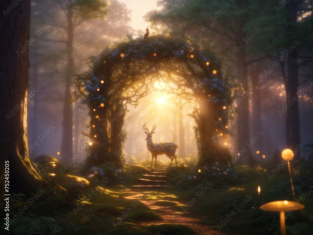 Enchanted Twilight: A Dreamlike Forest Oasis at Sunset, AI-Enhanced Ethereal Elements Transform the Woodland Scene into a Captivating Fantasy of Tranquility and Wonder.
