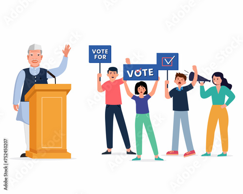 Group of people walking with voting banners to elections concept of election campaign voting theme for new candidate vector illustration
