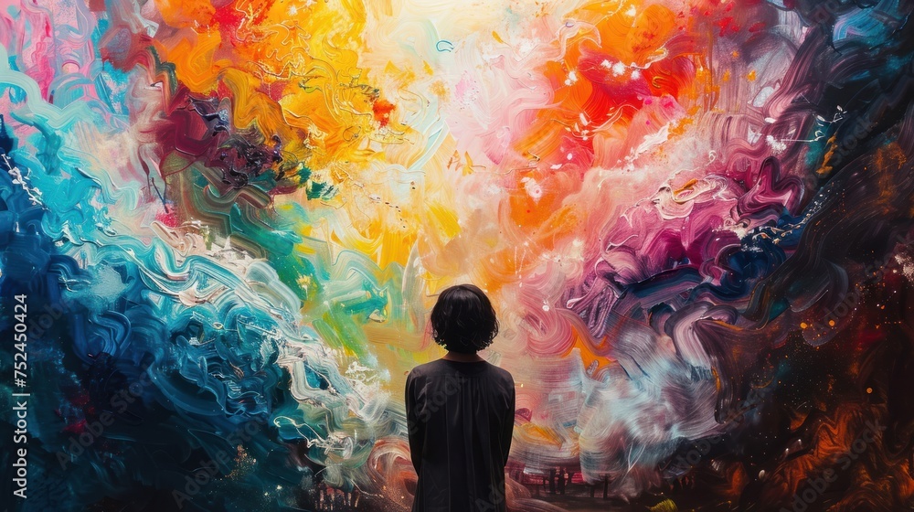 Artist Lost in a Vibrant Canvas of Abstract Dreams: Exploring the Surreal Depths of Imagination - A Multicolored Landscape of Creative Expression and Emotional