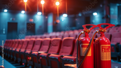 Fire extinguisher in Movie theater hall . Safety awareness concept .