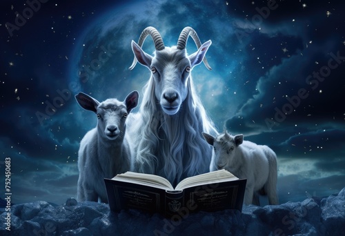 eid al fitr poster with image of a goat and lamb, in the style of book art installations, dark sky-blue and dark white, sony alpha a1, avocadopunk