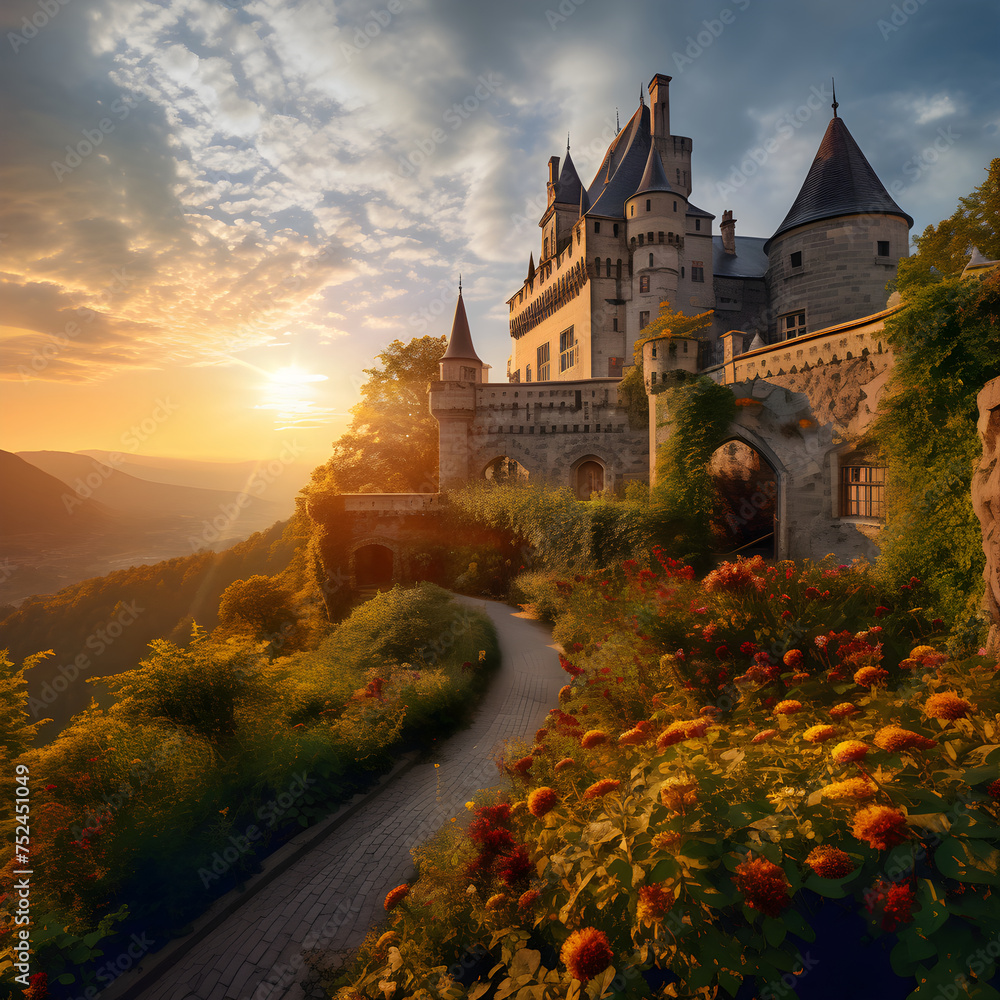 Magnificent Sunset View of a Grand Medieval Castle Surrounded by Bountiful Nature