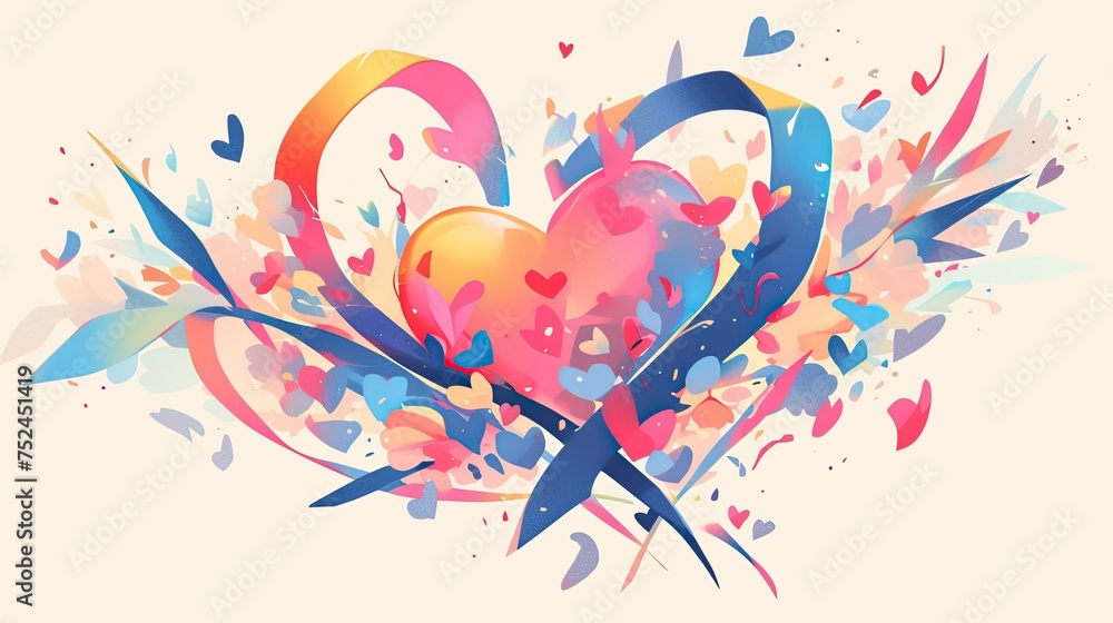 A colorful abstract heart illustration with dynamic splashes and floral elements