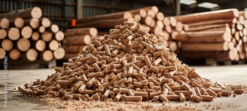Stack of biomass wood pellets and woodpile on blurred background with copy space for text