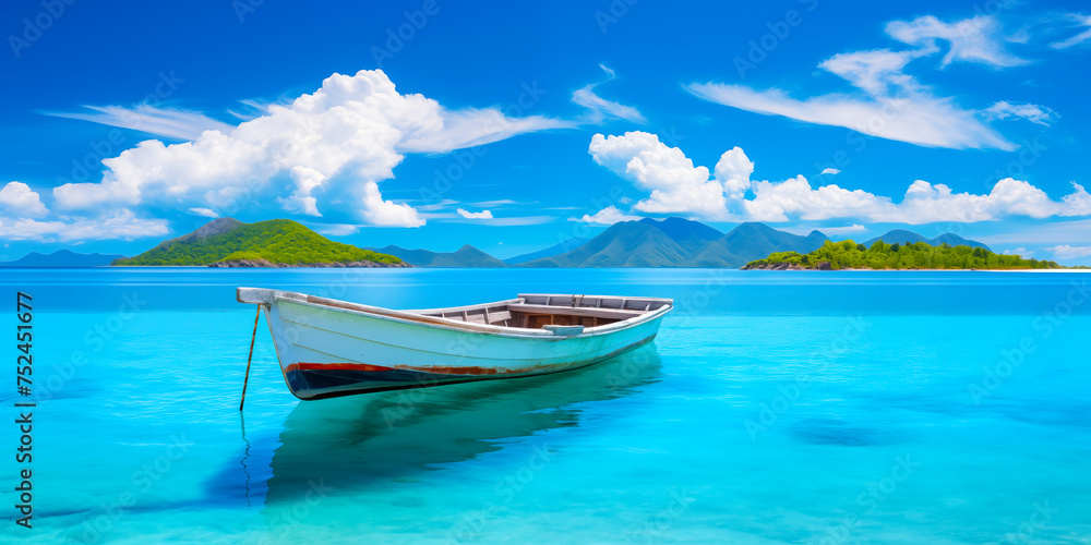 Old boat is moored near ocean. Empty boat in picturesque azure sea. Tropical seascape with hills in distance - obrazy, fototapety, plakaty 