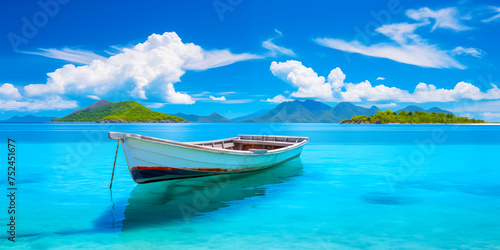 Old boat is moored near ocean. Empty boat in picturesque azure sea. Tropical seascape with hills in distance