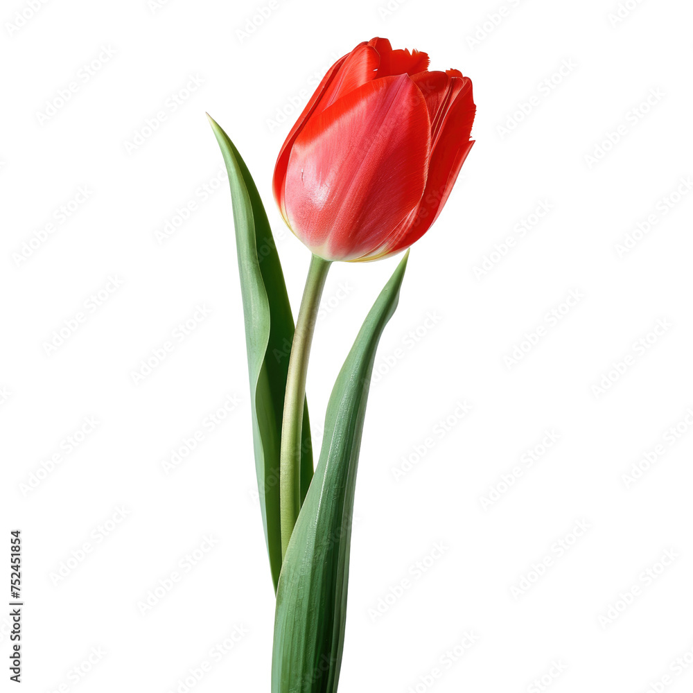 Elegant Red Tulip with Pointed Petals and Green Leaves on Transparent Background, PNG, Concept of Botanical Beauty and Spring Renewal Elegant Red Tulip with Pointed Petals and Green Leaves on Transparent Background, PNG, Concept of Botanical Beauty and Spring Renewal