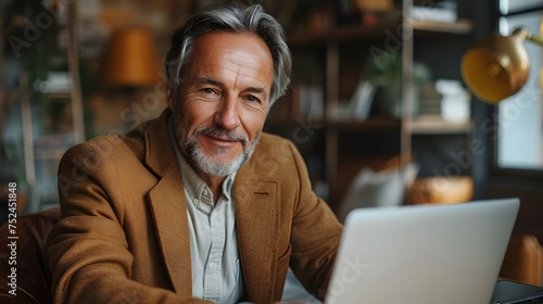 Smiling Mature Businessman Working on Laptop in Modern Office