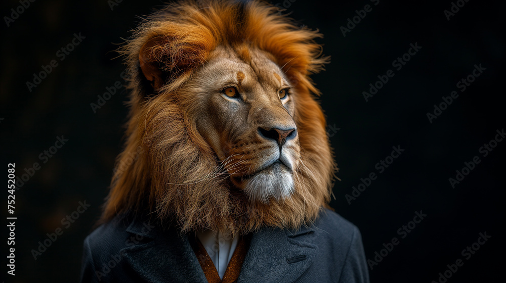An elegant king of jungle dons formal attire, exuding power and sophistication