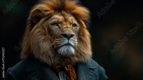 A dignified lion dressed in a suit commands attention against sleek black backdrop.